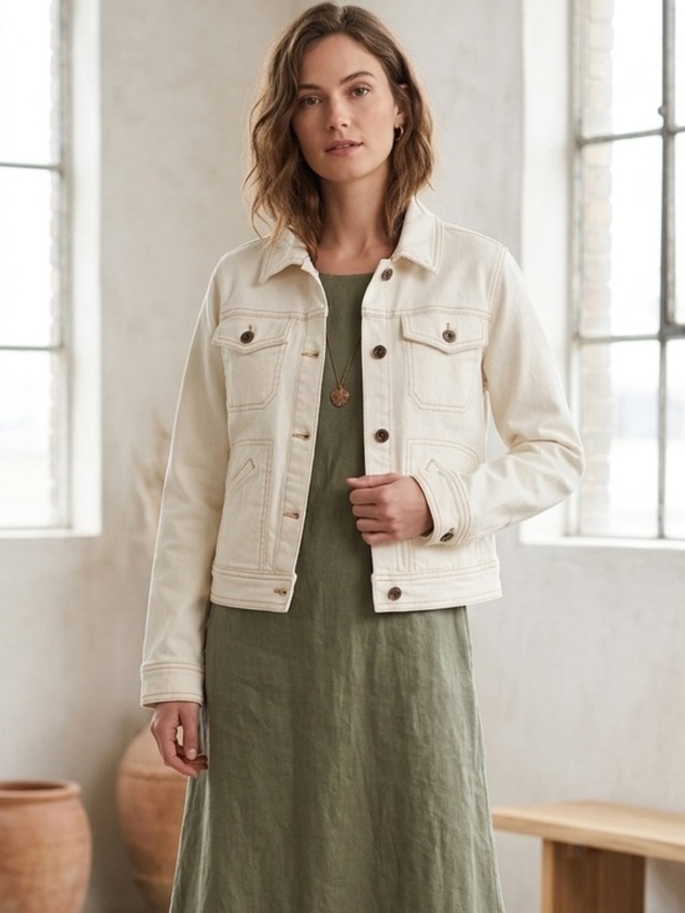 Anthropologie Pilcro Cream Off-White Denim Trucker Jacket Womens Size Small‎